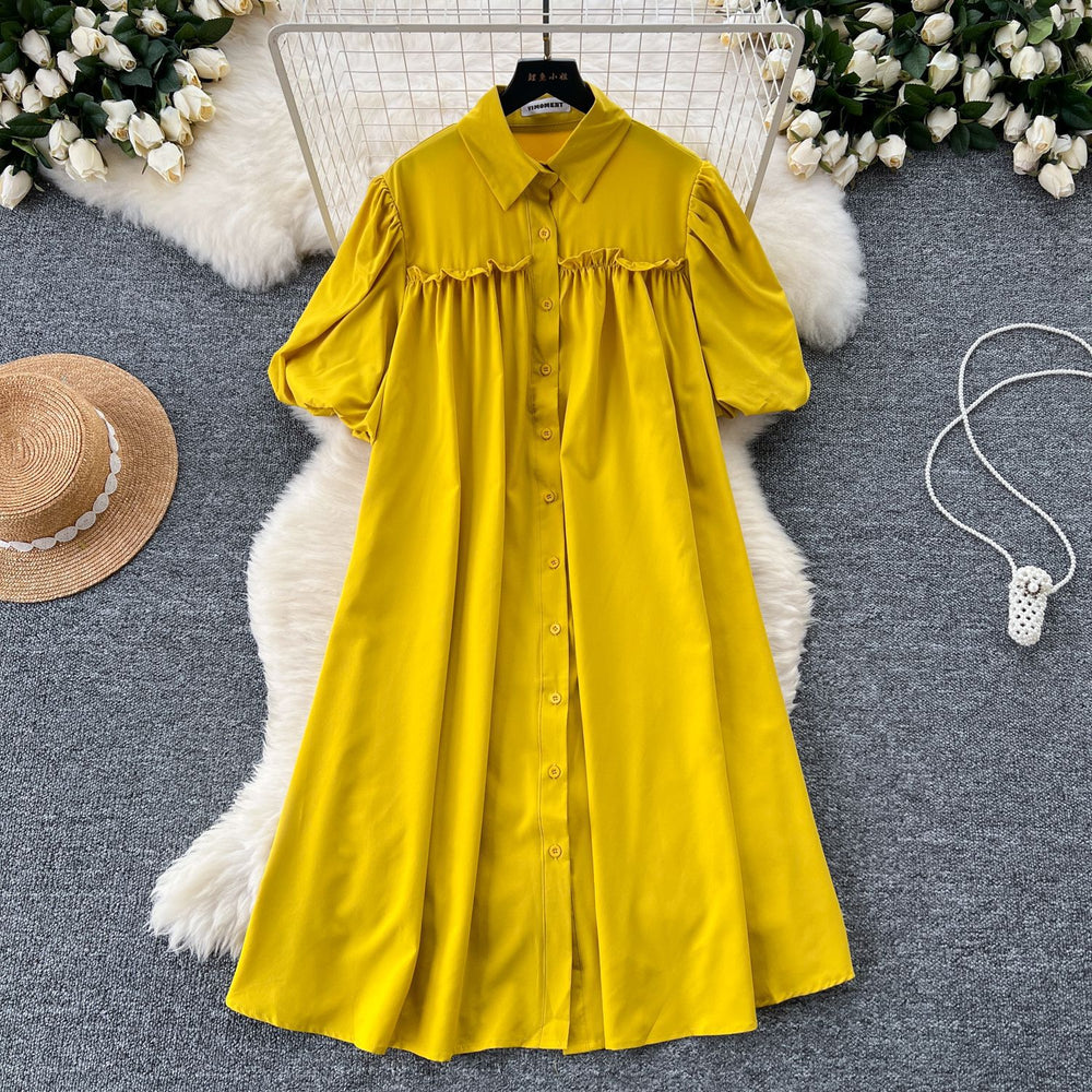 Lazy style dress women's korean style fashionsense of design lantern sleeves pleated single-breasted slimming lookloose shirt skirt