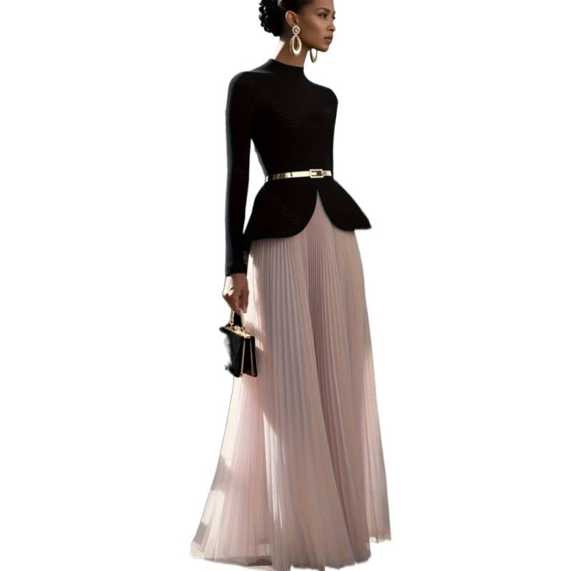 Women's spring/autumn new french elegant pleated mesh maxi skirt - perfect for dates, work, or outings