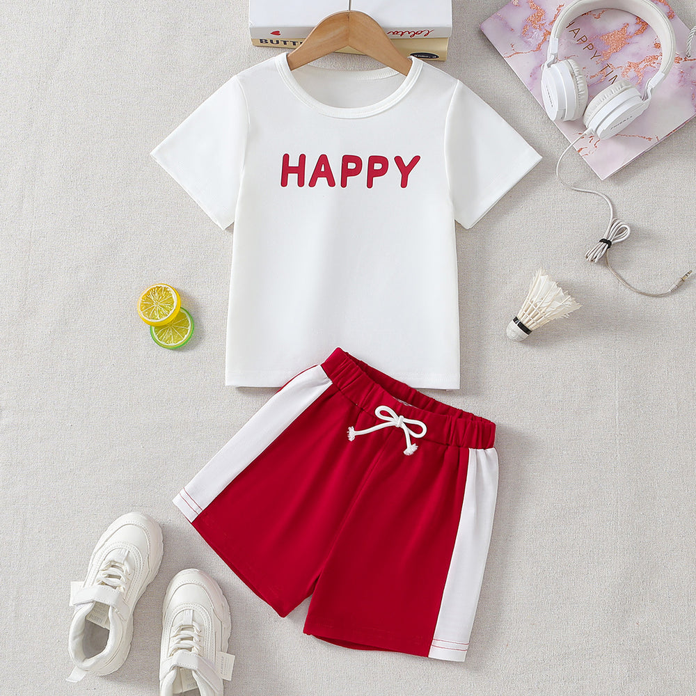 Kids' summer outfit: white letter print t-shirt & red active shorts set (sizes for mid-to-large children)