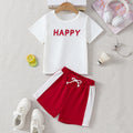 Kids' summer outfit: white letter print t-shirt & red active shorts set (sizes for mid-to-large children)