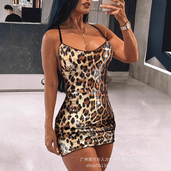 WLZR16030C European and American new suspender leopard print sequined dress