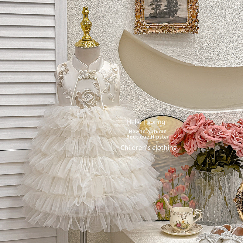summer girls' dress: new chinese style 3d embroidered formal gown, high-end princess dress, sleeveless vest princess dress