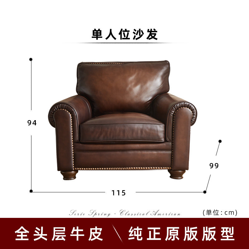 American sofa baton brown hand-rubbed full leather first-layer cowhide three-person row retro living room furniture