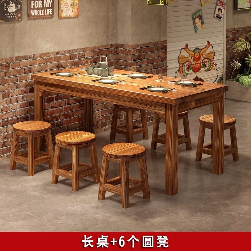 Solid wood dining table and chairs chinoiserie carbonized hot pot barbecue rectangular log dining table restaurant snack shop restaurant dining table