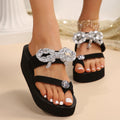 K-styleexportplus size rhinestone bowsthick sole slippers women's beach wedge heel flip-flop toe sandals slippers