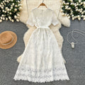 High-end hollow-out crochet lace dress for women,  summer collection: slimming, figure-flattering, peter pan collar, short sleeve, elegant maxi dress
