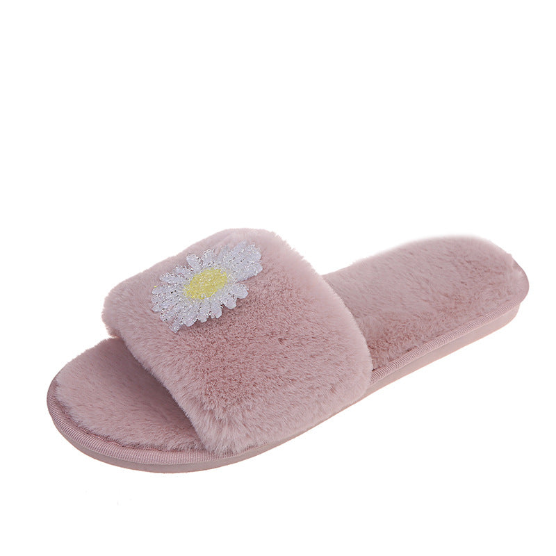 Winter japanese-style daisy print couple's slippers, indoor floor warm home shoes, postpartum care faux rabbit fur plush slippers