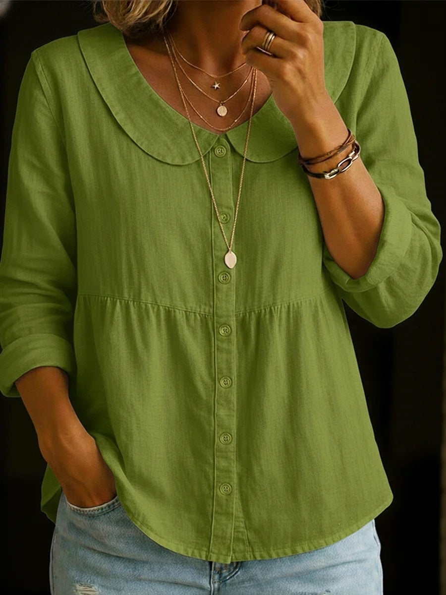 summer new european and american style pan collar linen cotton solid color shirt - women's loose fit, slimming, long sleeve, casual and versatile top