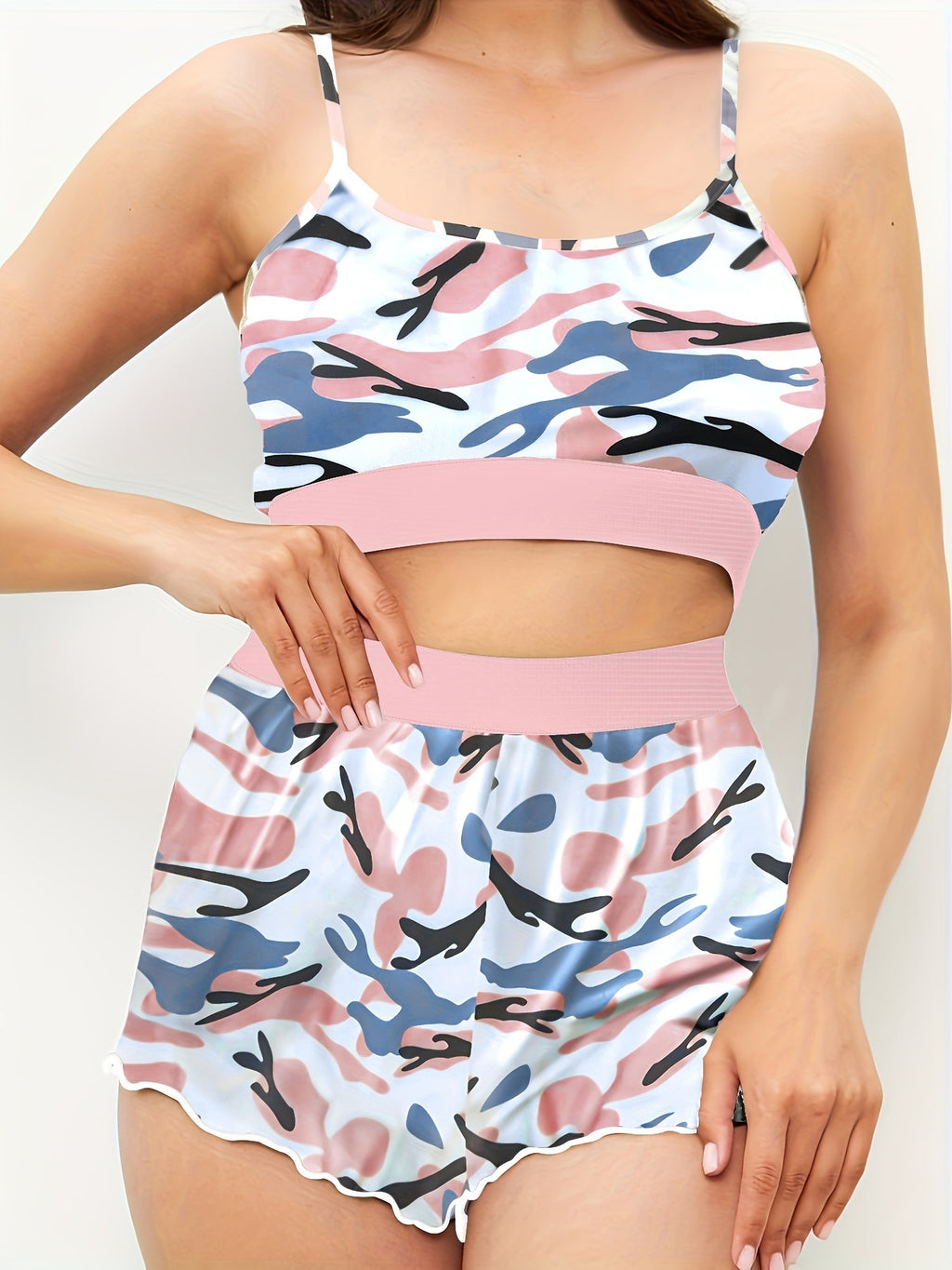 S390793 Printed Suspender Shorts Set Women