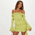 autumn new arrivals: european and american style fashionable long-sleeve flared sleeve off-the-shoulder ruffle trim ribbon tie cropped dress