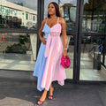 European and american cross-border women's fashion:  autumn new arrival - elegant striped high-waisted irregular strap dress with unique design