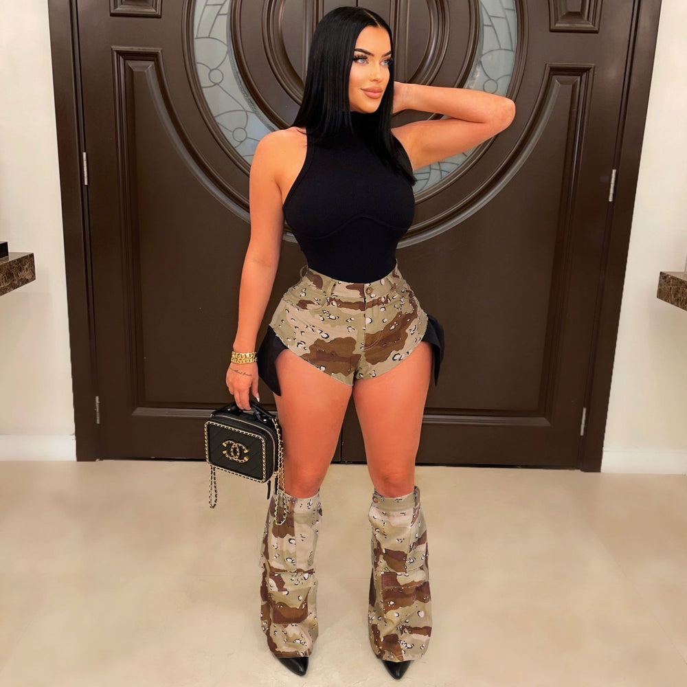 e-commerce european and american fashion ins sexy women's camouflage summer hot pants leg cover three-piece camouflage shorts