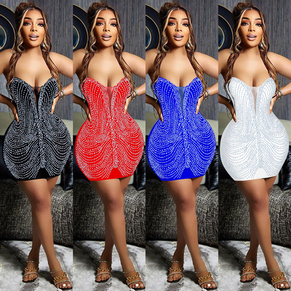 C5898   fashion sexy women's nightclub hot diamond sexy suspender v neck midi skirt dress women