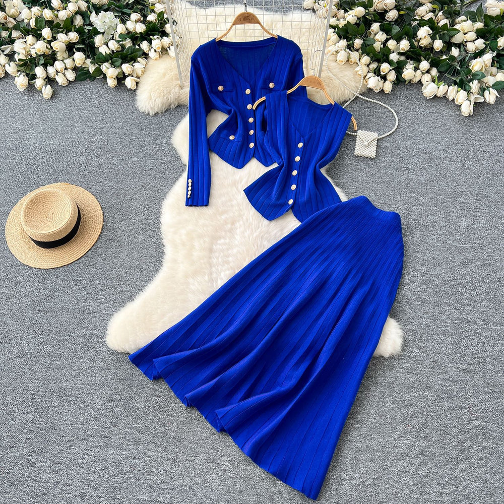 Xiaoxiangfeng wear women's three-piece set easiest for match sleeveless vest metal buckle silmlong sleevesknittingcardigan skirt