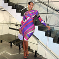 European and american style cross-border women's striped print unique streetwear bodycon dress - chic round neck long sleeve cinched waist trendy dress