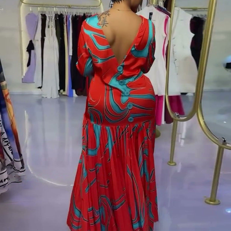 European and american cross-border women's spring  new arrival: elegant printed round neck backless slim-fit pleated maxi dress