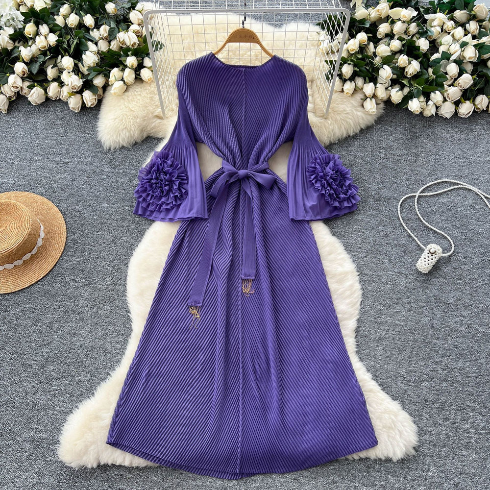 European and american fashion 3d floral flared sleeve tie-waist pleated maxi dress - slimming, elegant, and flowy