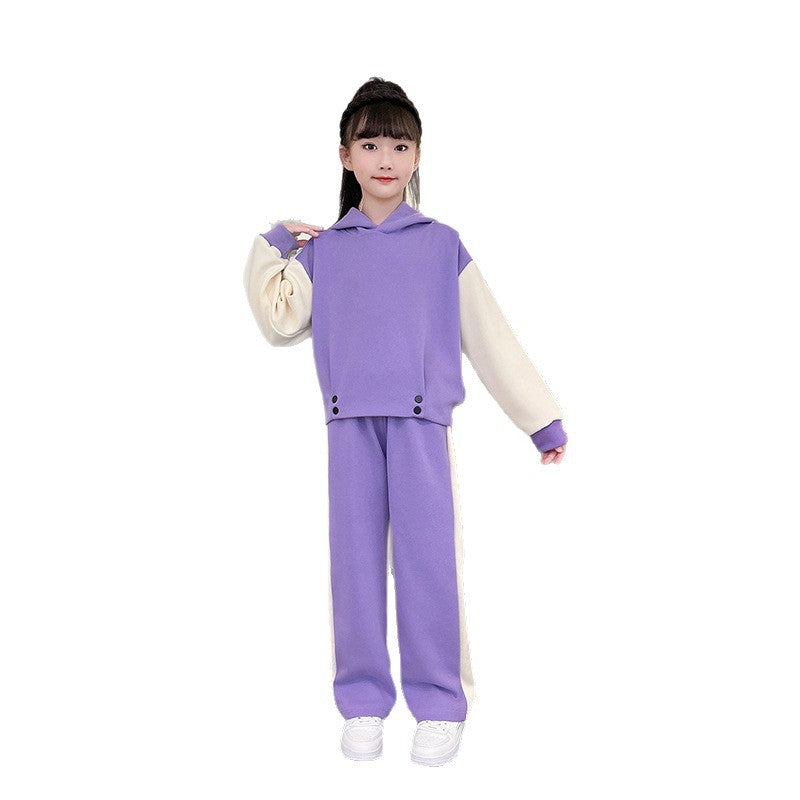 Girls' spring/autumn outfit set,  new korean style, trendy hooded sweatshirt and casual two-piece set for mid-to-large children