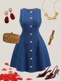 new arrival: plus-size french style sleeveless single-breasted denim a-line dress for women - perfect for , , and european & american markets