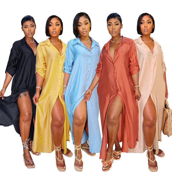 TW489 European and American women's clothing independent station supply fashion split satin loose casual shirt skirt