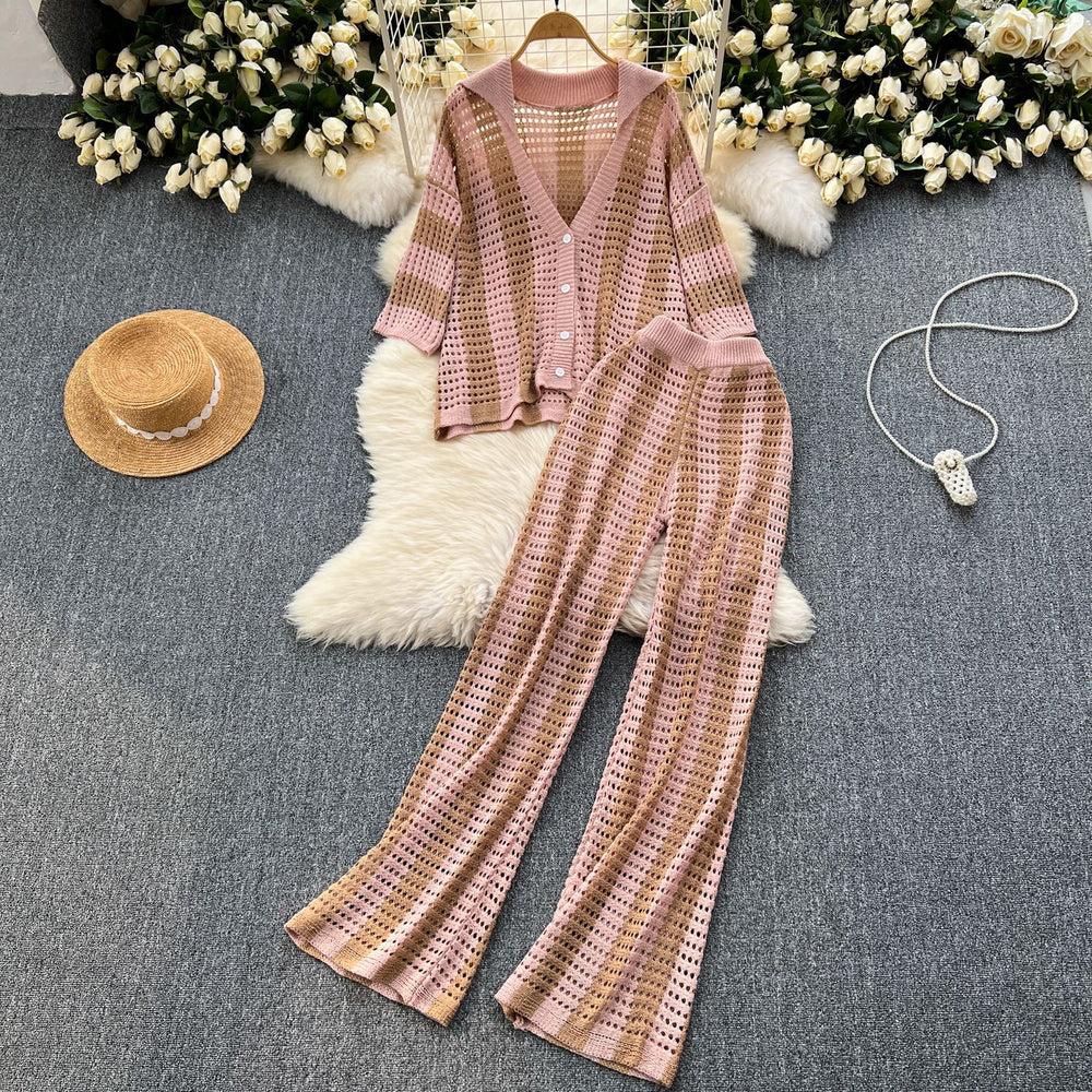 Women's summer v-neck loose knit cardigan top + wide leg pants set - color block striped cutout outfit