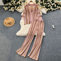 Women's summer v-neck loose knit cardigan top + wide leg pants set - color block striped cutout outfit