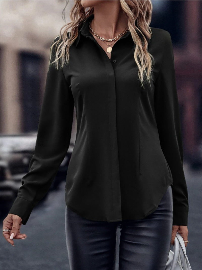 Button-down women's blouse, double-breasted satin collar long sleeve top, commuter style slim-fit cardigan, cross-border women's apparel
