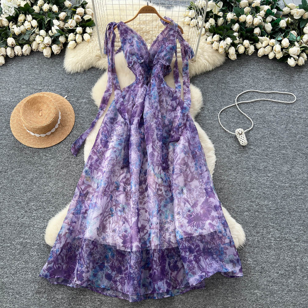 French chic designer bow-tie waist tie-back printed maxi dress - elegant and flattering