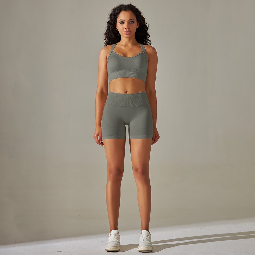 European and american cross-border seamless solid color criss-cross back sports bra yoga set running fitness shorts two-piece outfit