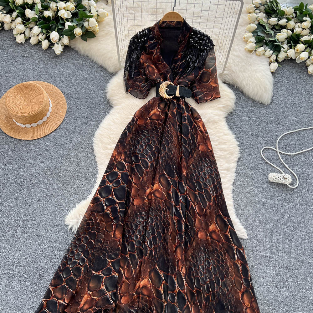European and american fashion light luxury diamond-embellished tassel v-neck tie-waist printed maxi dress - slimming, elegant, and flowy
