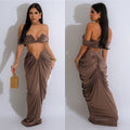 C6822 cross-border   fashion women's solid color sexy bandeau pleated skirt two-piece set