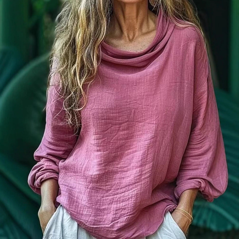 European and American  spring new women's clothing casual loose fashion long-sleeved solid color stacked collar pullover pleated top