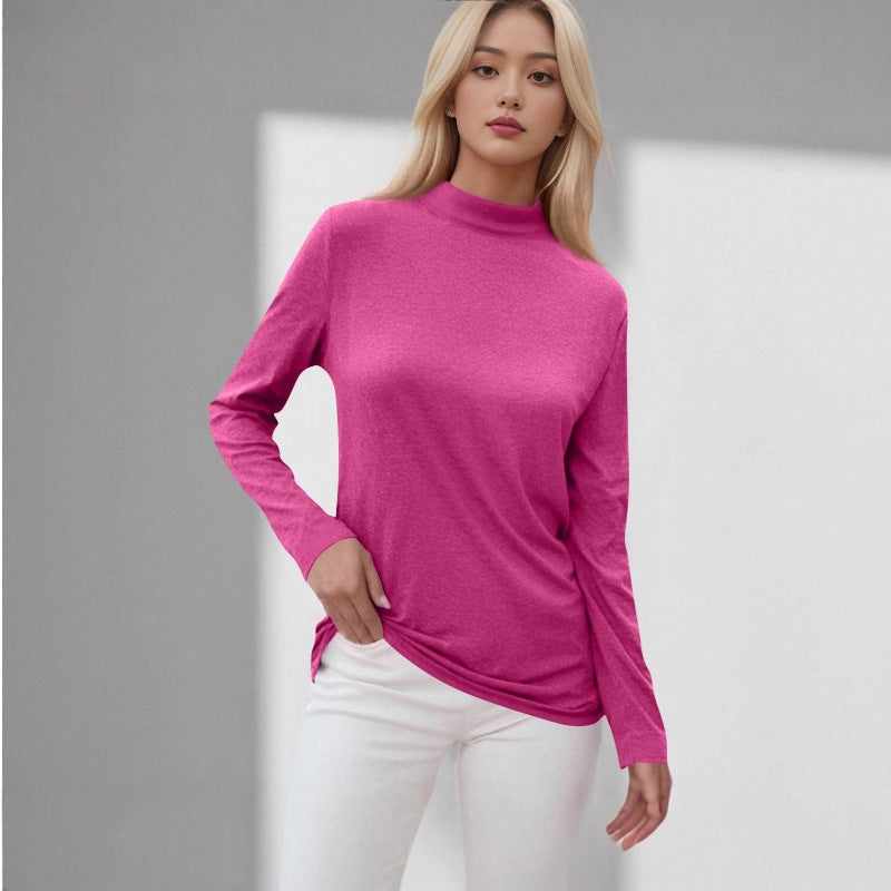 cross-border new women's long-sleeve t-shirt: everyday casual, mid-neck, solid color top, base layer - in stock