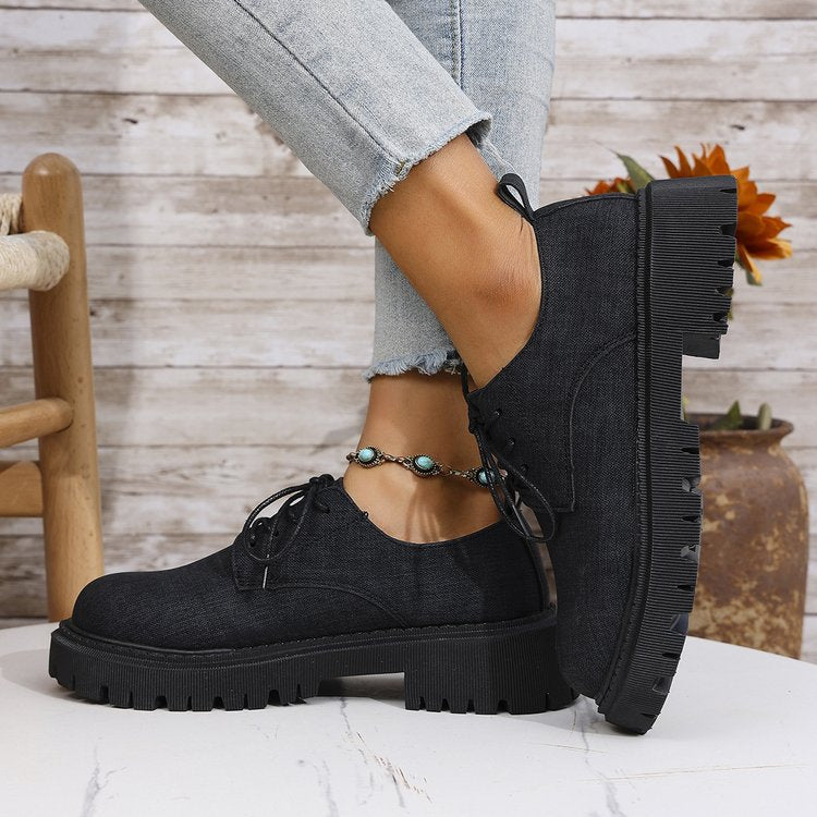 Plus size chunky sole loafers for women - new spring/autumn collection, chunky heel, lace-up, fashionable, versatile, comfortable, british style leather shoes