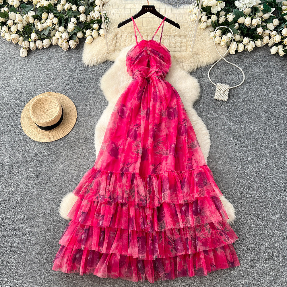 Vacation style halter sleeveless printingdress women's spring summer breathable layered mesh cake skirt slimming look long skirt