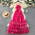 Vacation style halter sleeveless printingdress women's spring summer breathable layered mesh cake skirt slimming look long skirt
