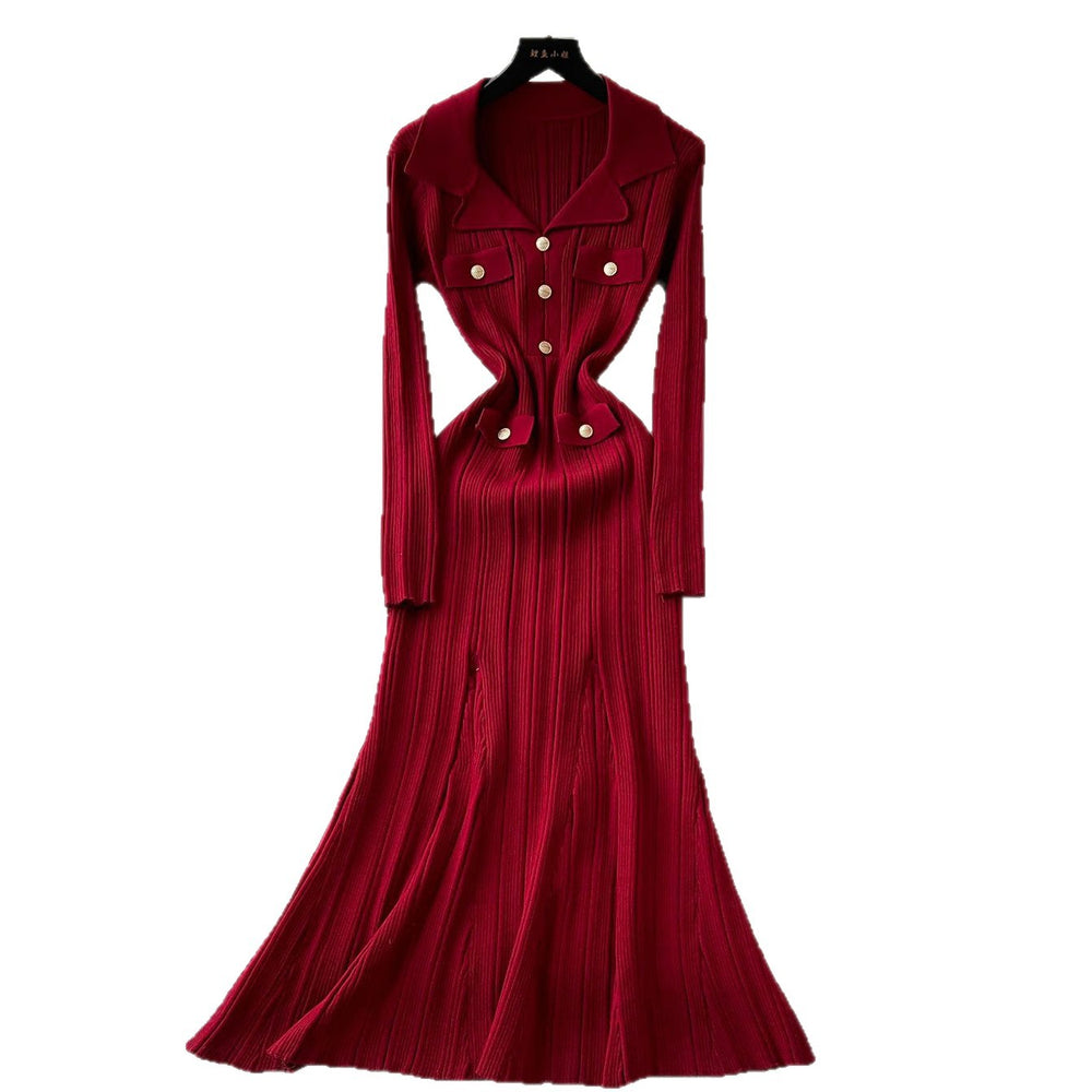 export tweed styleelegance lapel long sleeves metal button waist knittingdressautumslimming look midi skirt