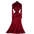 export tweed styleelegance lapel long sleeves metal button waist knittingdressautumslimming look midi skirt
