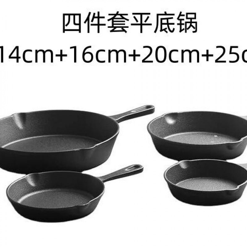 Cast iron pan flat bottom small frying pan three-piece set old-fashioned household frying egg pan induction cooker non-stick pan set