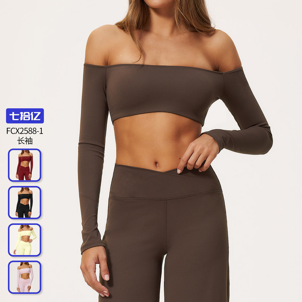 Amazon nude sports tops women's short one shoulder strap breast pad breathable high elastic quick dry yoga long sleeves 2588