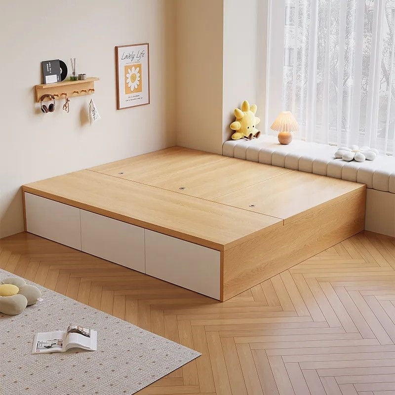 Small apartment box bed, large capacity with drawer storage, double floor-standing low bed, bay window tatami flip-top storage bed