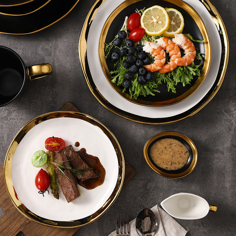 Retro special-shaped ceramic western food steak plate electroplated gold accessible luxury style western food salad bowl mug high-looking plate
