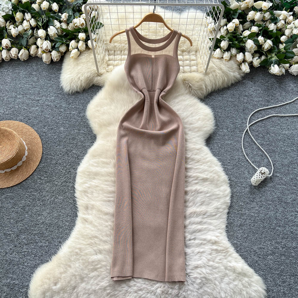 Luxury chic mesh panel sleeveless knit dress -  summer slim fit bodycon dress