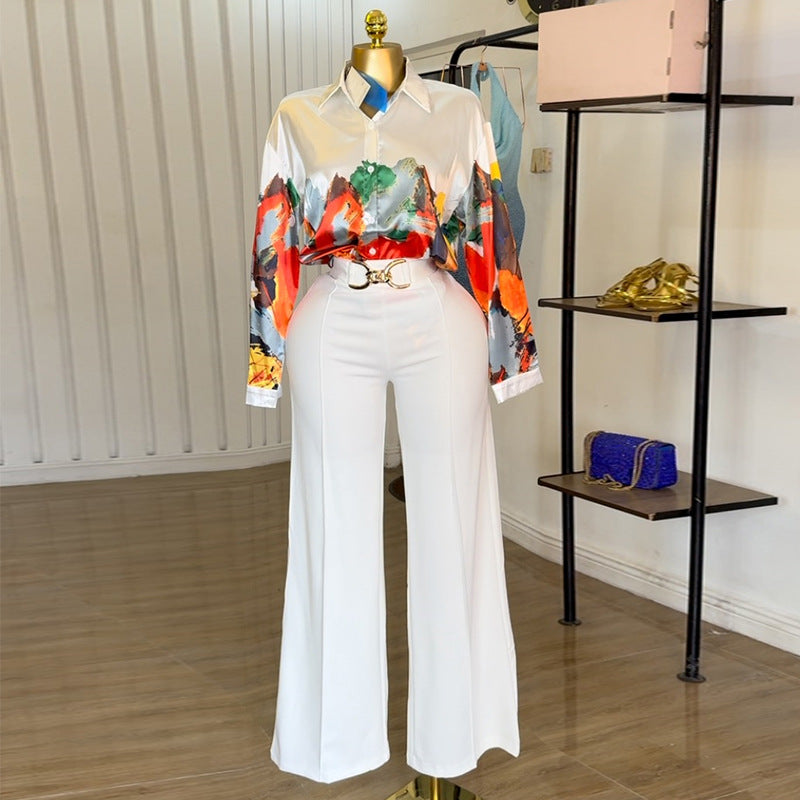 European and american cross-border women's fashion  summer new arrival: elegant turn-down collar, loose-fit printed long-sleeve shirt and wide-leg pants set