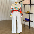 European and american cross-border women's fashion  summer new arrival: elegant turn-down collar, loose-fit printed long-sleeve shirt and wide-leg pants set