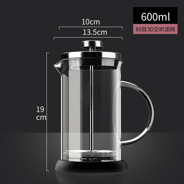 Heat-resistant glass french press coffee maker, stainless steel french press, pour-over coffee maker, filtered brewing teapot