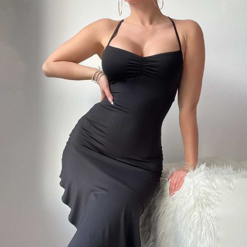 European and american  spring new sexy halter neck criss-cross back tie-up bodycon asymmetrical ruffle hem dress