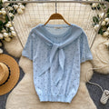 Korean style ribbon hollow-out polka dot knit top - women's summer, skin-friendly, breathable, short sleeve, v-neck, slimming, versatile, and youthful top