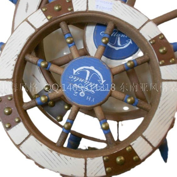Mediterranean antique wood rudder wheel, window decoration, solid wood rudder plate wall decoration, bronze