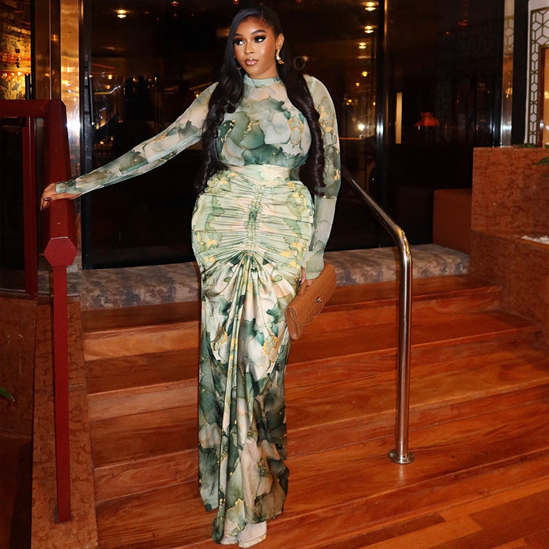 Fashion style cross-border printed waist wrap silm skirt suit pleated long skirt high collar trendy two-piece set casualwork clothing women's clothing